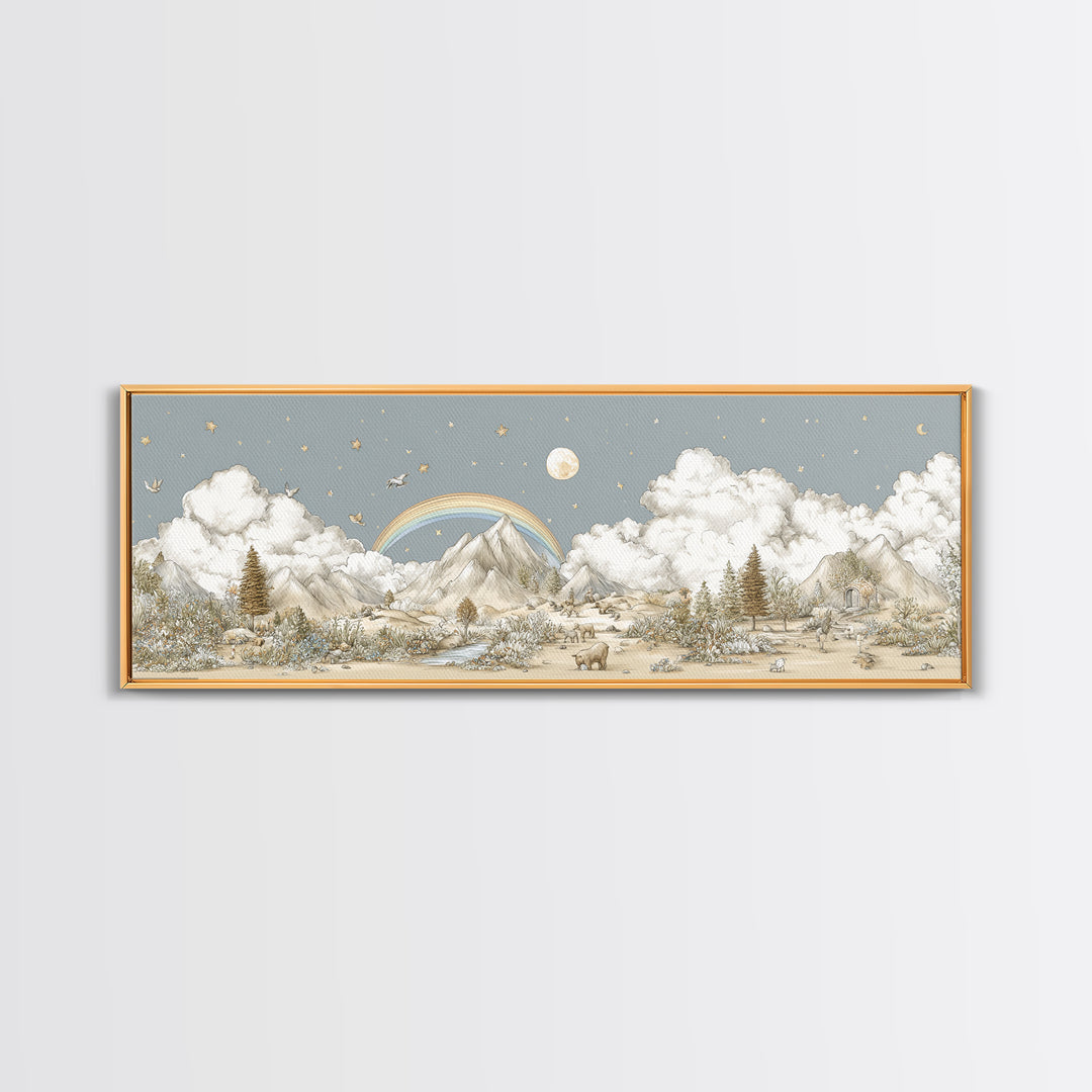 Calm Mountain Nursery Landscape Framed Canvas Print, Nursery Decor, Luxury Decor, Fine Art, Nursery, Nursery Wall Art, NDE-3x1-64