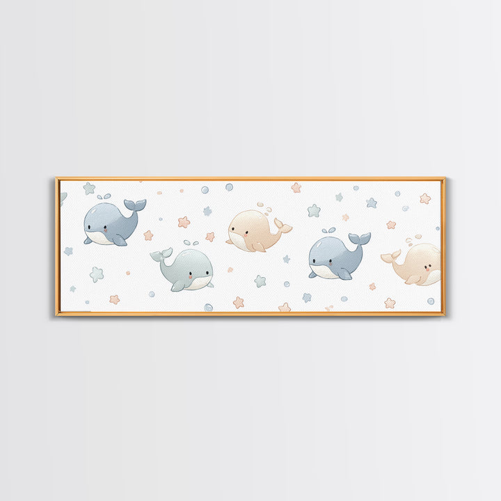 Baby Whale Swimming Through Stars Framed Canvas Print, Nursery Decor, Wall Decor, Fine Art, Nursery, Woodland Nursery Decor, NDE-3x1-72