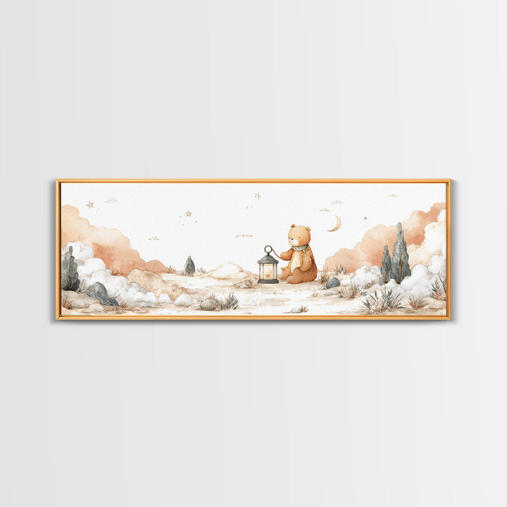 Storybook Bear with Little Lantern Framed Canvas Print, Nursery Decor, Neutral Decor, Fine Art, Nursery, Home Decor, Wall Decor, NDE-3x1-73