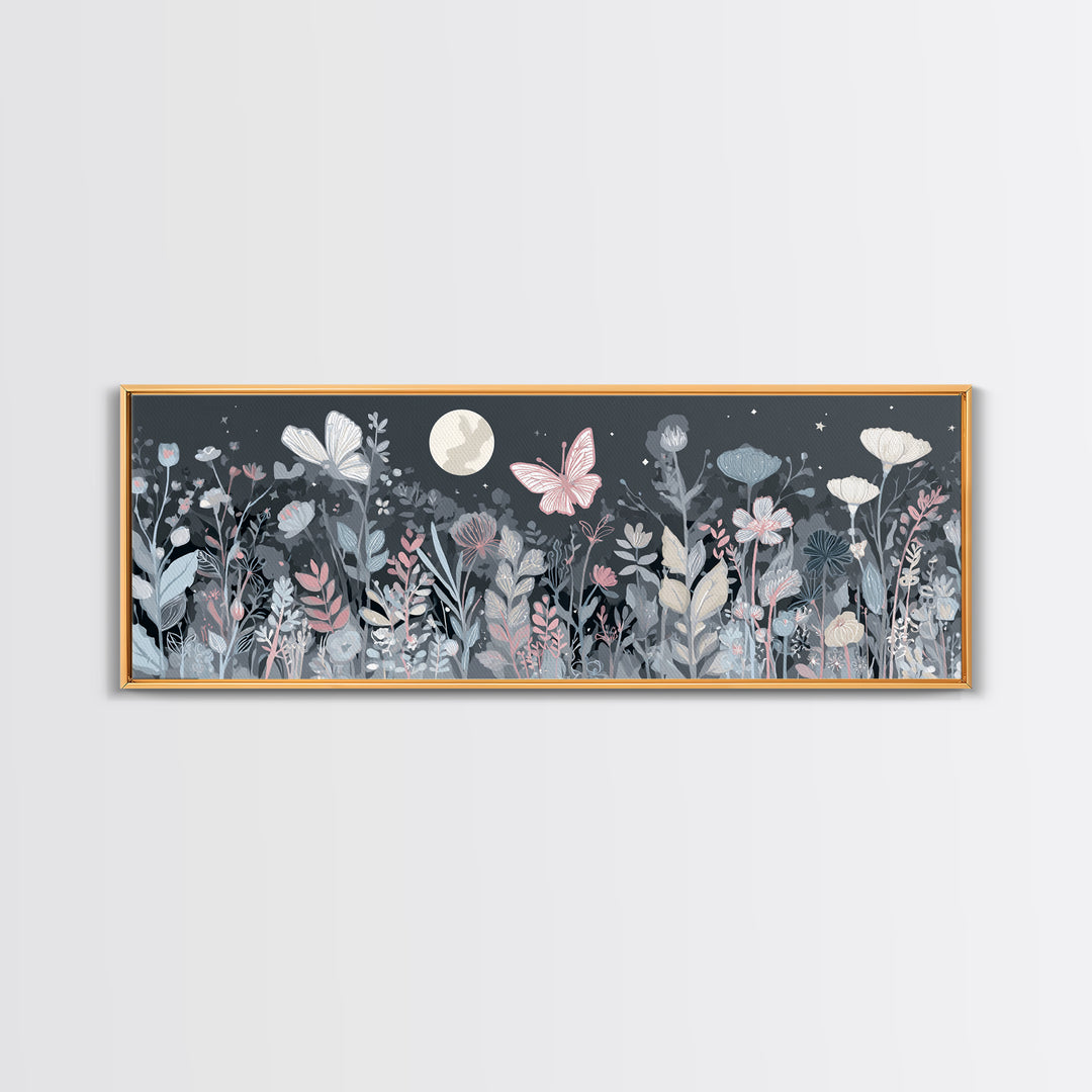 Pastel Butterfly and Wildflower Pattern Canvas Print, Nursery Decor, Watercolor Art, Nursery, Nursery Prints, NDE-3x1-80