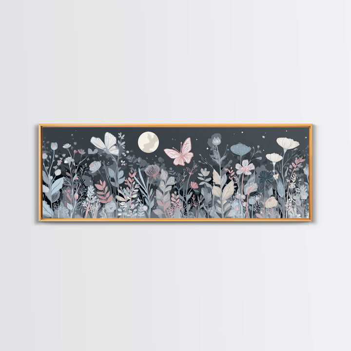 Pastel Butterfly and Wildflower Pattern Canvas Print, Nursery Decor, Watercolor Art, Nursery, Nursery Prints, NDE-3x1-80
