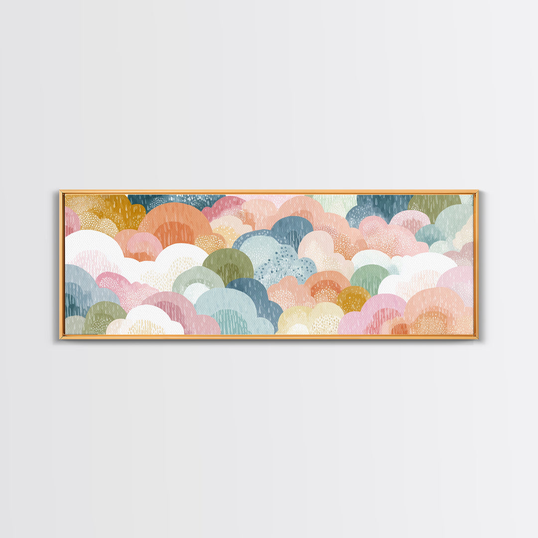 Cloud Rainbow and Raindrop Composition Framed Canvas Print, Nursery Decor, Canvas, Fine Art, Nursery, Playroom Decor, NDE-3x1-84