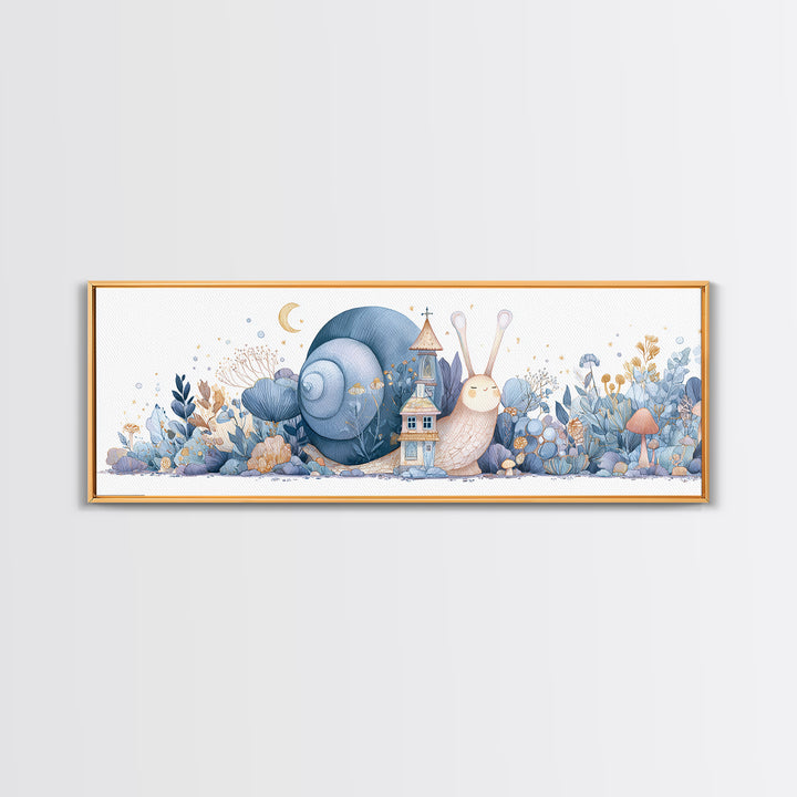 Garden Snail with Mushroom House Framed Canvas Print, Nursery Decor, Nursery, Fine Art, Nursery, Baby Girl Nursery Decor, NDE-3x1-87