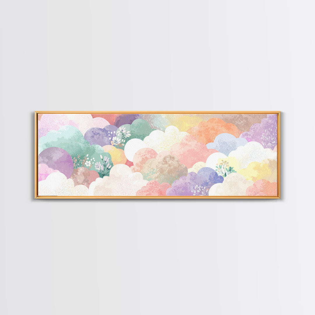 Pastel Rainbow with Soft Cloud Shapes Framed Canvas Print, Nursery Decor, Boho Decor, Fine Art, Nursery, Nursery Wall Art, NDE-3x1-89