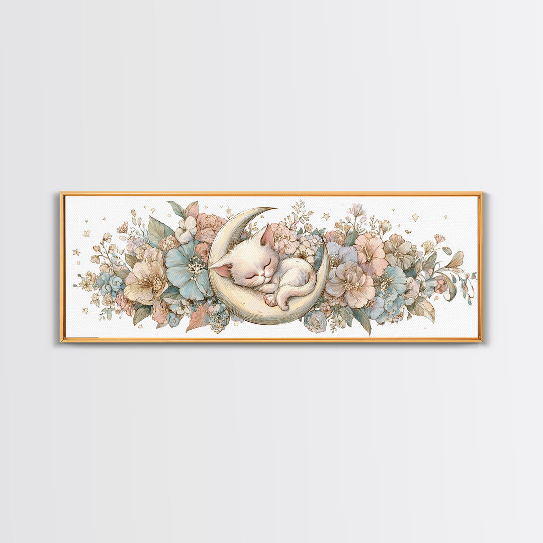 Sleeping Kitten on Crescent Moon Framed Canvas Print, Nursery Decor, Nursery Prints, Fine Art, Nursery, Nursery Wall Decal, NDE-3x1-9