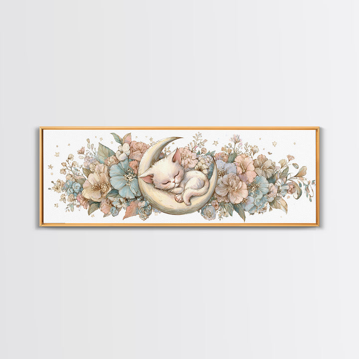 Sleeping Kitten on Crescent Moon Framed Canvas Print, Nursery Decor, Nursery Prints, Fine Art, Nursery, Nursery Wall Decal, NDE-3x1-9