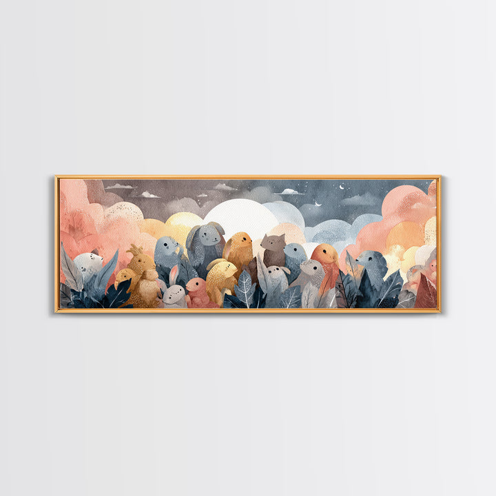 Woodland Animal Parade Framed Canvas Print, Nursery Decor, Nursery Name Sign, Fine Art, Nursery, Luxury Decor, Room Decor, NDE-3x1-90