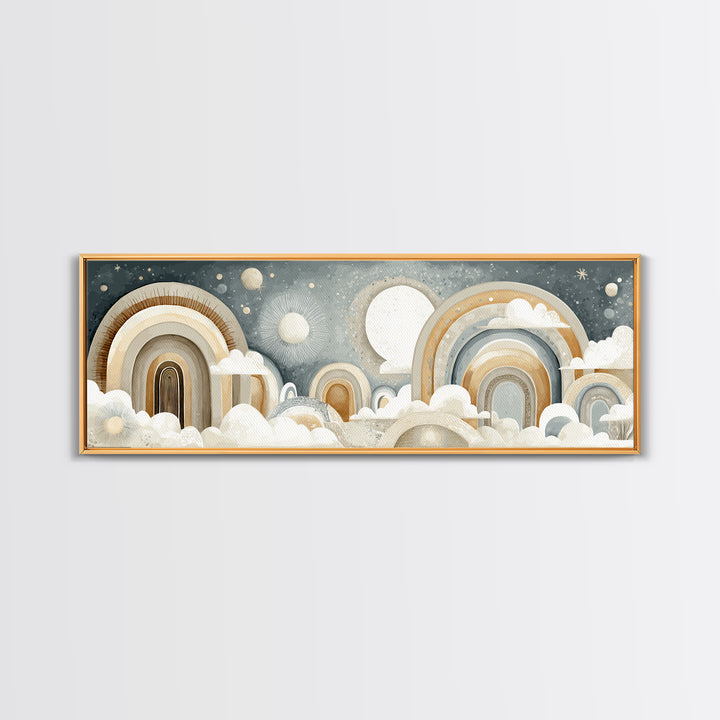 Neutral Boho Sun and Arch Shapes Framed Canvas Print, Nursery Decor, Framed Wall Art, Fine Art, Nursery, Safari Nursery Decor, NDE-3x1-99