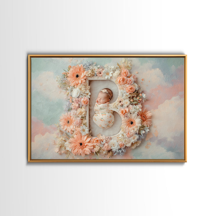 Soft Floral Initial Frame Without Letters Framed Canvas Print, Nursery Decor, Nursery Wall Decor, Oil Painting, Nursery, NDE-3x2-14