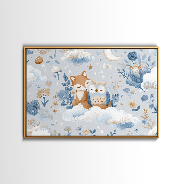 Fox and Owl Friends Framed Canvas Print, Nursery Decor, Nursery Art, Fine Art, Nursery, Kids Wall Art, Nursery Wall Decals, NDE-3x2-18