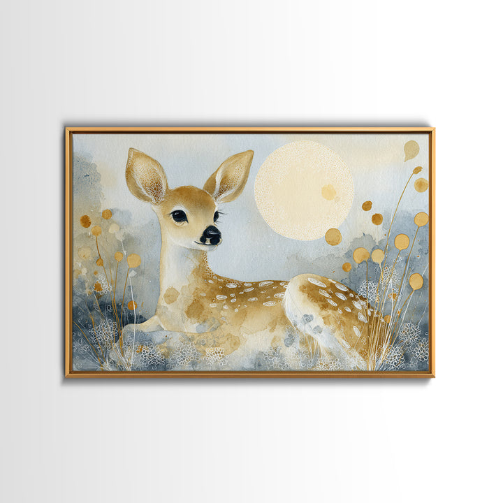 Baby Deer in Meadow with Fireflies Framed Canvas Print, Nursery Decor, Wall Decal, Nursery, Wall Light, Girl Nursery Decor, NDE-3x2-2