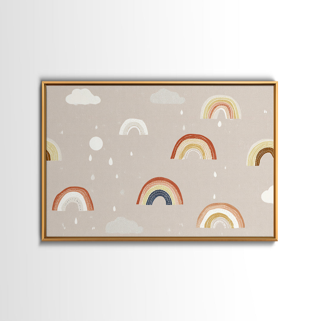 Cloud Rainbow and Raindrop Composition Framed Canvas Print, Nursery Decor, Nursery Name Sign, Fine Art, Nursery, Luxury Decor, NDE-3x2-24