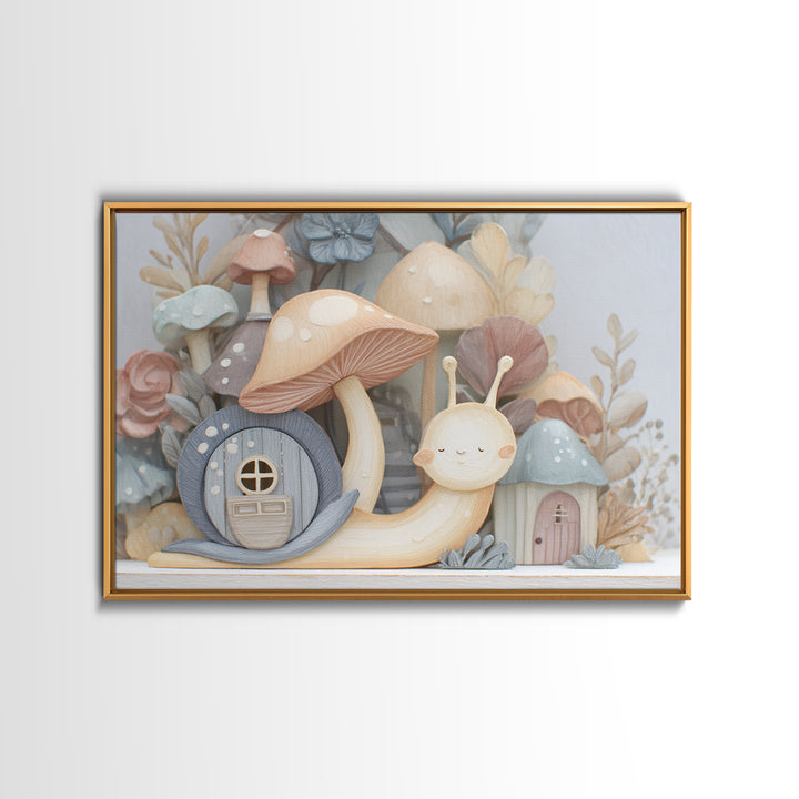 Garden Snail with Mushroom House Framed Canvas Print, Nursery Decor, Gallery Decor, Fine Art, Nursery, Wall Art, Home Decor, NDE-3x2-27