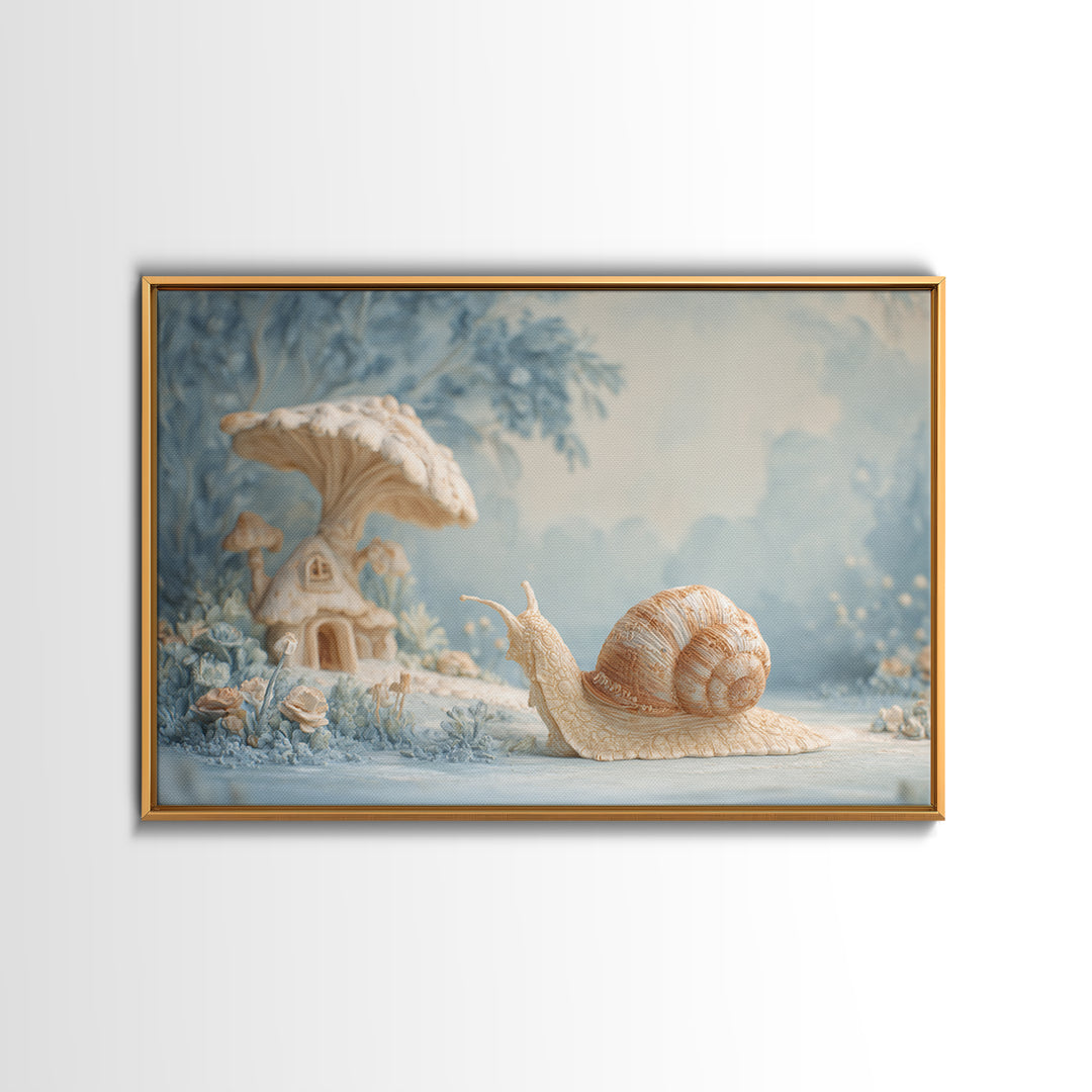 Garden Snail with Mushroom House Canvas Print, Nursery Decor, Nursery Name Sign, Fine Art, Nursery, Luxury Decor, Room Decor, NDE-3x2-3