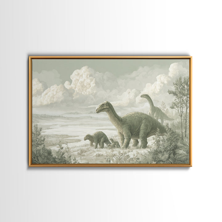 Gentle Dinosaur Family Framed Canvas Print, Nursery Decor, Room Decor, Fine Art, Nursery, Framed Wall Art, Bedroom Decor, NDE-3x2-35