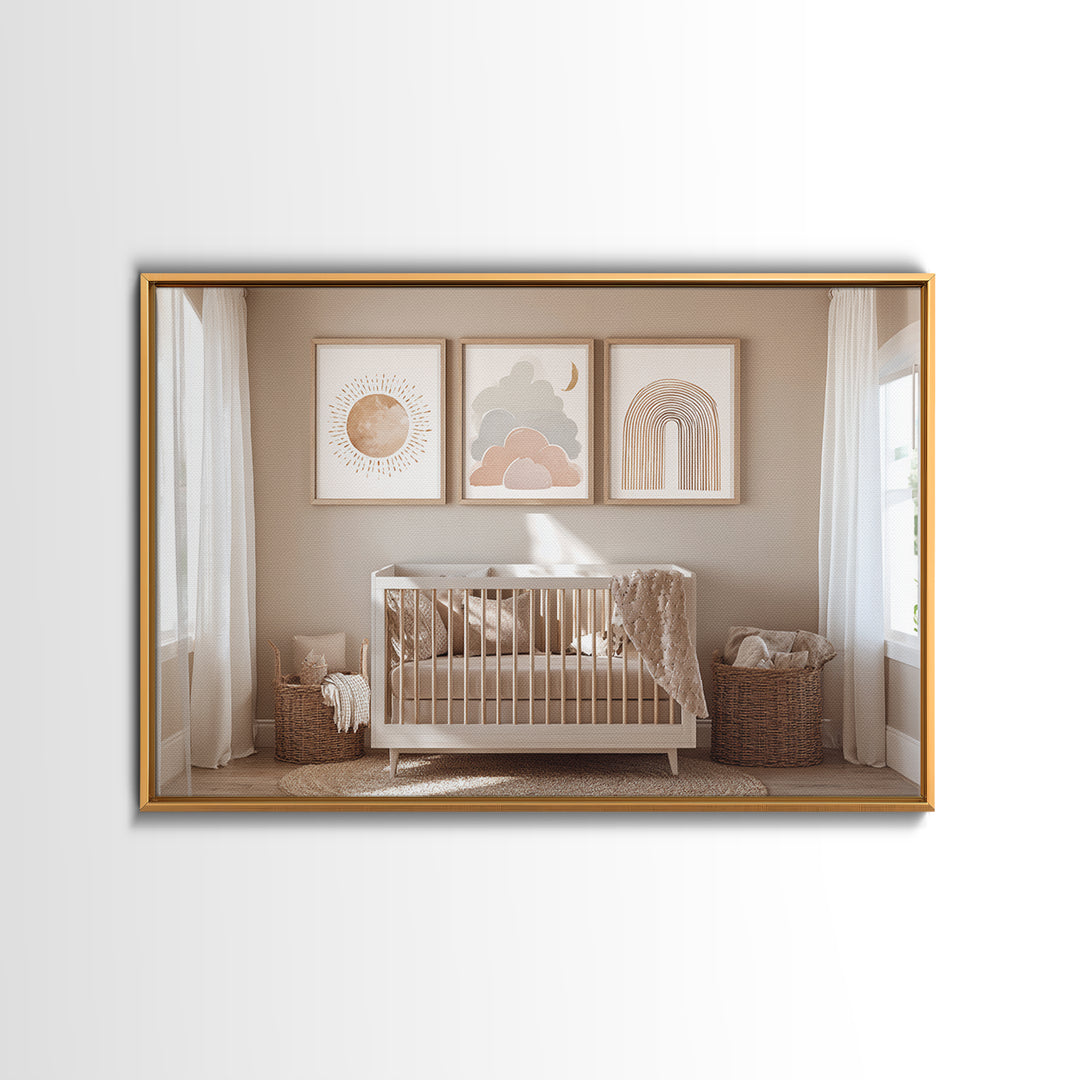 Neutral Boho Sun and Arch Shapes Framed Canvas Print, Nursery Decor, Contemporary Art, Abstract Art, Nursery, Wall Decals, NDE-3x2-39
