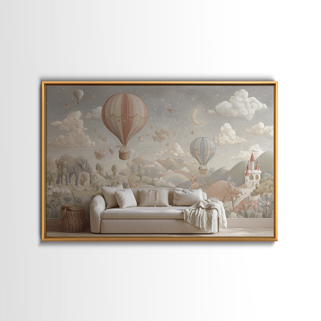 Hot Air Balloon Drifting Framed Canvas Print, Nursery Decor, Nursery Wall Decal, Oil Painting, Nursery, Minimalist Decor, NDE-3x2-40