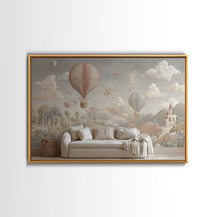 Hot Air Balloon Drifting Framed Canvas Print, Nursery Decor, Nursery Wall Decal, Oil Painting, Nursery, Minimalist Decor, NDE-3x2-40