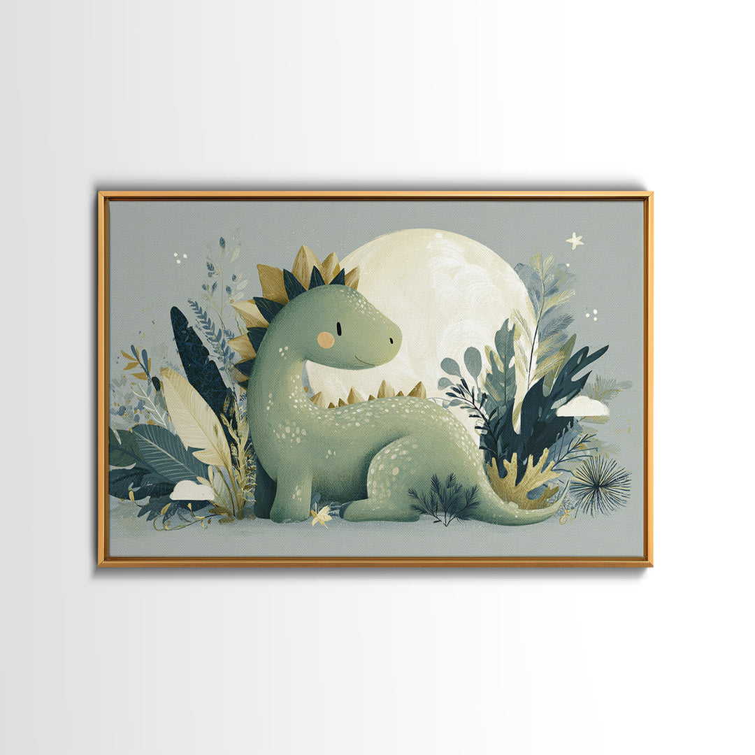 Gentle Dinosaur Family Framed Canvas Print, Nursery Decor, Nursery Wall Art, Oil Painting, Nursery, Botanical Wall Art, NDE-3x2-59