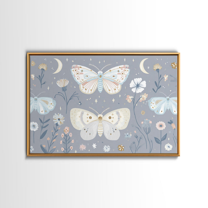 Pastel Butterfly and Wildflower Pattern Canvas Print, Nursery Decor, Minimalist Decor, Oil Painting, Nursery, Wall Decals, NDE-3x2-68