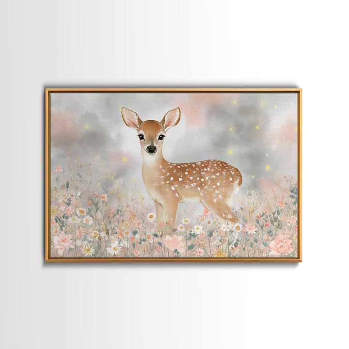 Baby Deer in Meadow with Fireflies Framed Canvas Print, Nursery Decor, Floral Wallpaper, Fine Art, Nursery, Fine Art Print, NDE-3x2-74