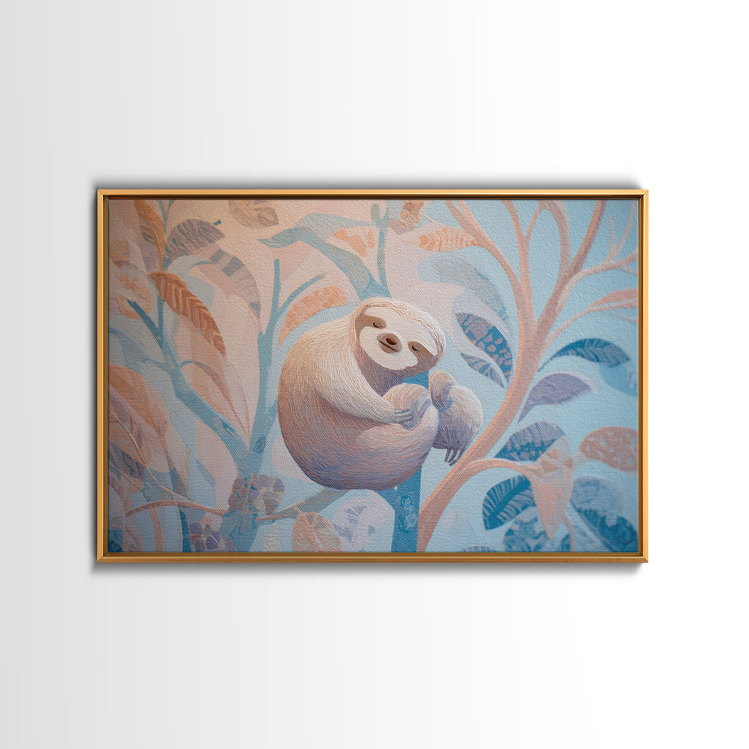 Sleepy Sloth Hanging from Branch Framed Canvas Print, Nursery Decor, Nursery Wall Decal, Watercolor Art, Nursery, NDE-3x2-82