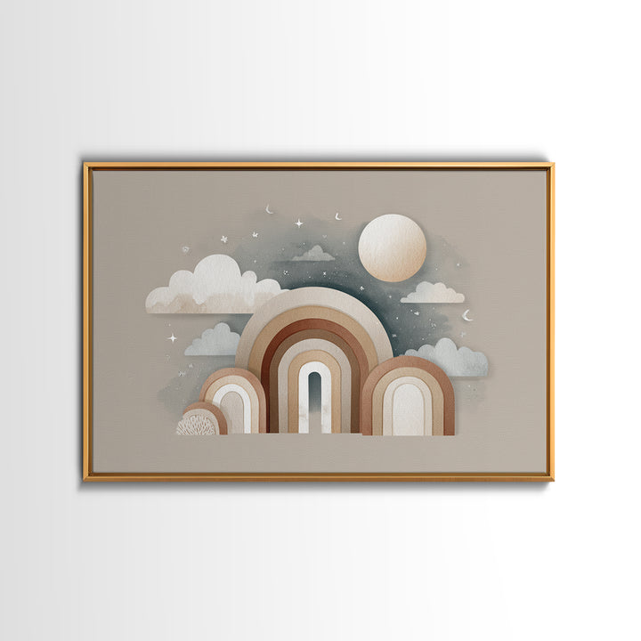 Neutral Boho Sun and Arch Shapes Framed Canvas Print, Nursery Decor, Wall Decor, Fine Art, Nursery, Woodland Nursery Decor, NDE-3x2-87