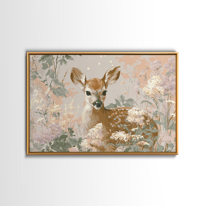 Baby Deer in Meadow with Fireflies Canvas Print, Nursery Decor, Nursery Wall Decals, Oil Painting, Nursery, Textured Painting, NDE-3x2-98
