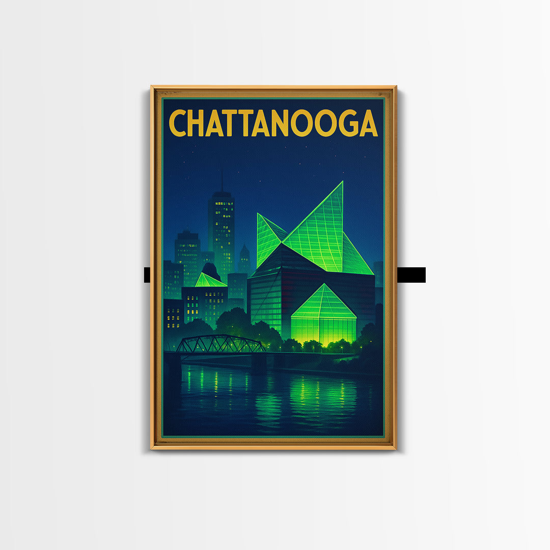 Chattanooga Travel Poster, Framed Canvas Print, Retro Neon Travel Art, Chattanooga City Art, Travel Wall Art, City Illustration