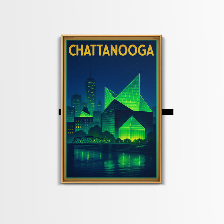 Chattanooga Travel Poster, Framed Canvas Print, Retro Neon Travel Art, Chattanooga City Art, Travel Wall Art, City Illustration