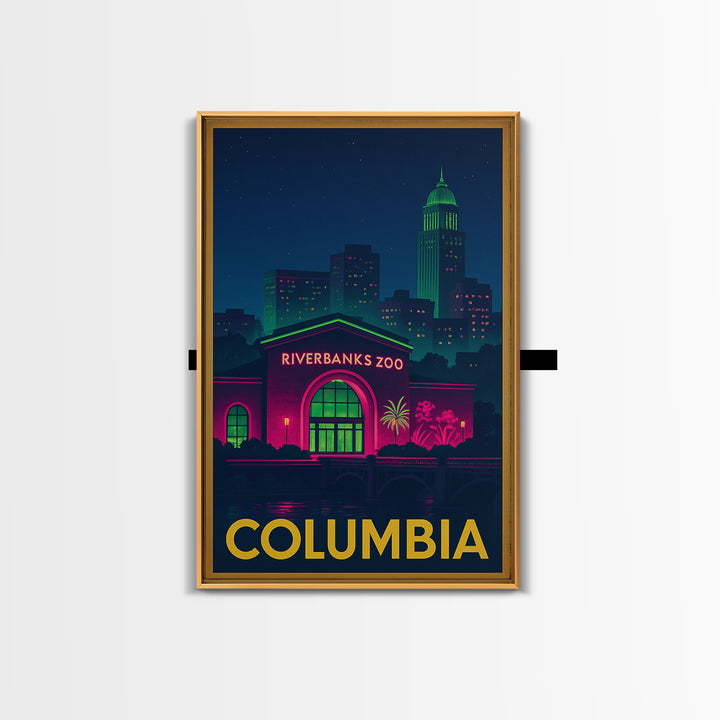 Columbia Travel Poster, Framed Canvas Print, Electric Night Poster Art, Columbia Travel Art, Travel Wall Decor, City Illustration