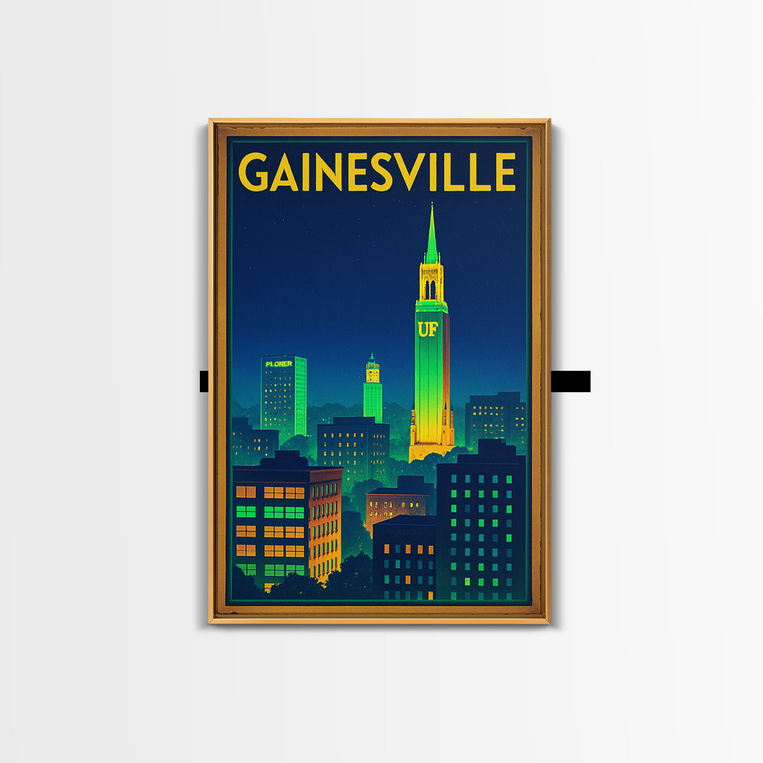 Gainesville Travel Poster, Canvas Print, Electric Night Poster Art, Gainesville Travel Art, Travel Wall Art, Watercolor Urban Skyline