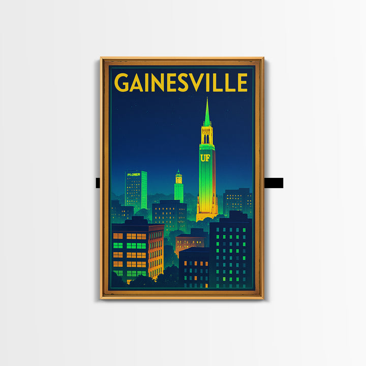 Gainesville Travel Poster, Canvas Print, Electric Night Poster Art, Gainesville Travel Art, Travel Wall Art, Watercolor Urban Skyline