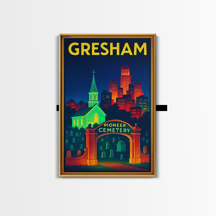 Gresham Travel Poster, Framed Canvas Print, Electric Night Poster Art, Gresham Poster Print, Vintage City Art, City Art Print, Design 2