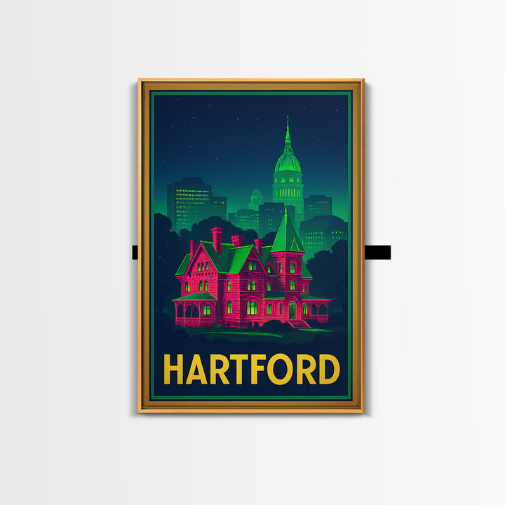 Hartford Connecticut Travel Poster, Canvas Print, Neon City Skyline Wall Art, Hartford Art Print, Wall Decor, Travel Art, Travel Print