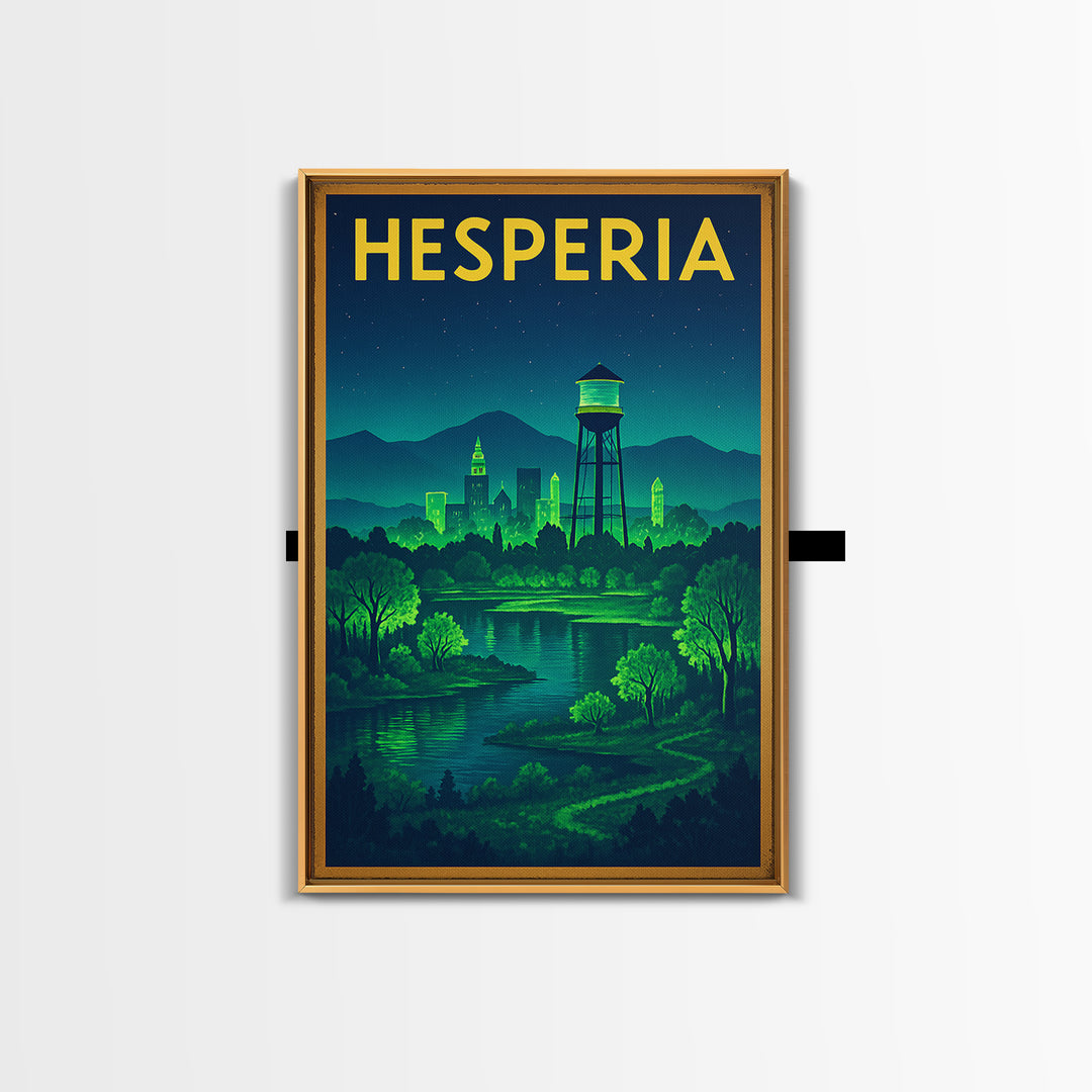 Hesperia Travel Poster, Framed Canvas Print, Electric Night Poster Art, Hesperia Travel Art, Vintage Travel Art, Living Room Wall Art