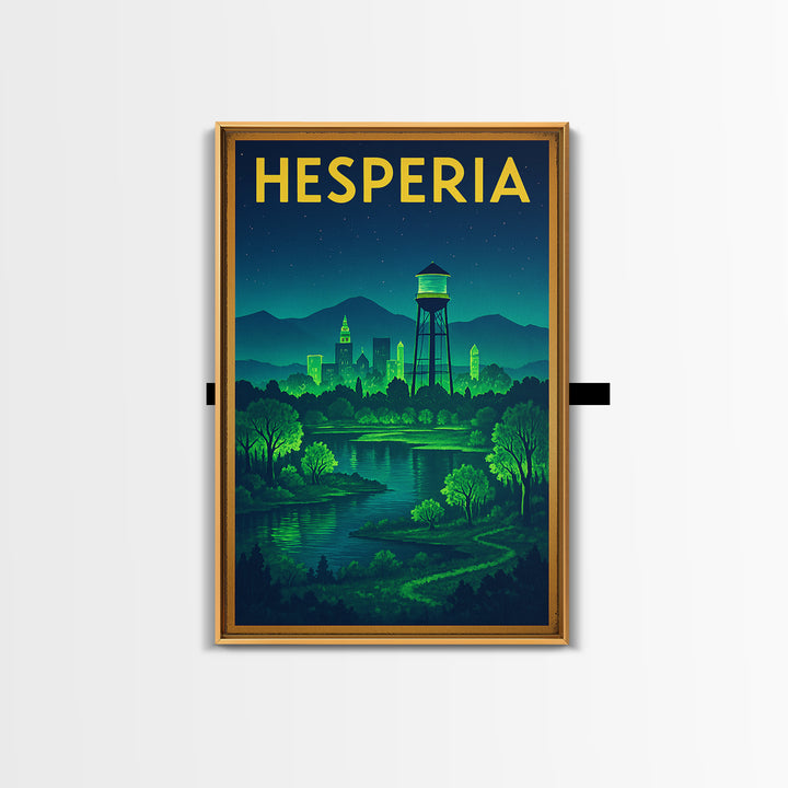 Hesperia Travel Poster, Framed Canvas Print, Electric Night Poster Art, Hesperia Travel Art, Vintage Travel Art, Living Room Wall Art
