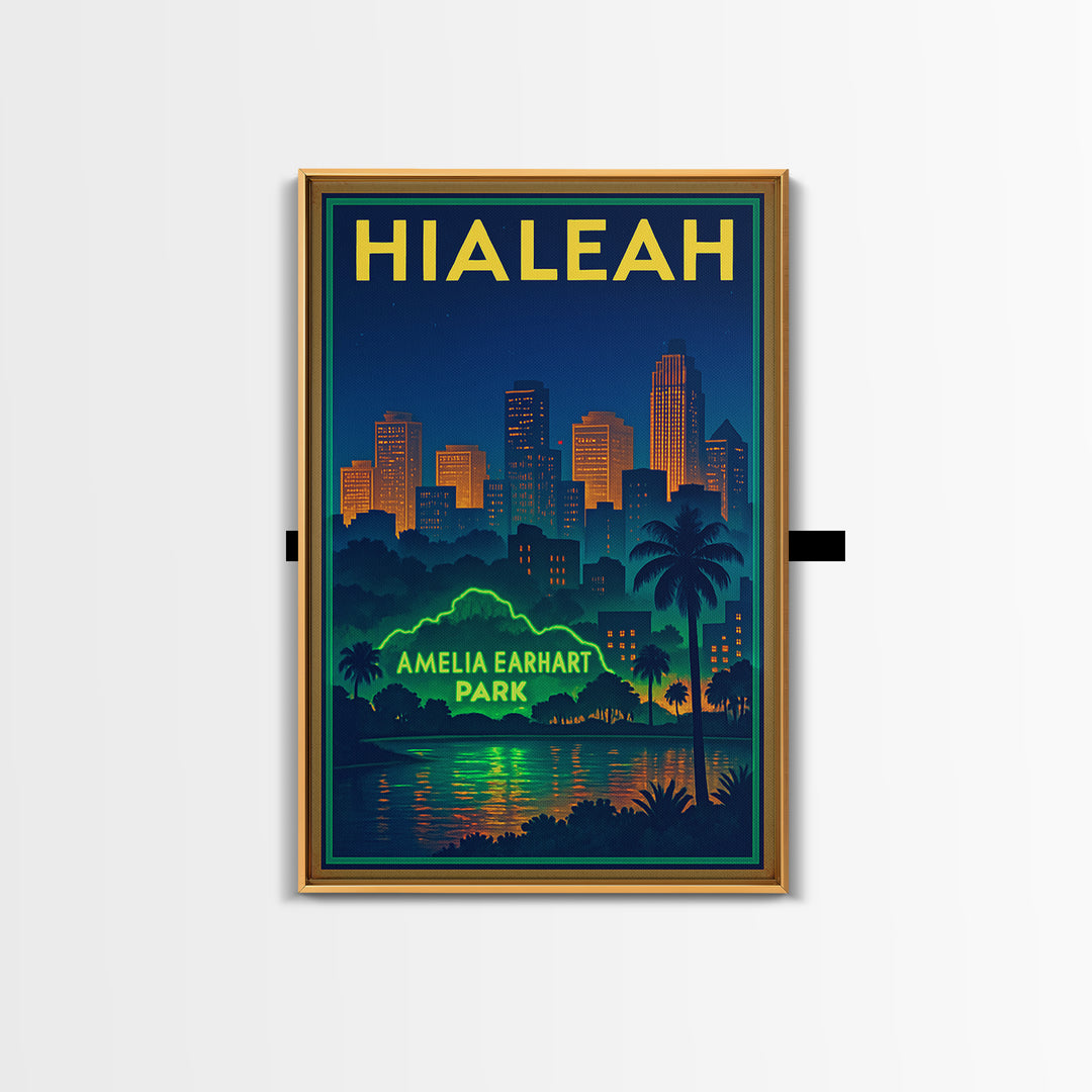 Hialeah Travel Poster, Canvas Print, Retro Neon Travel Art, Hialeah Wall Art, Wall Art, Watercolor Urban Skyline, Travel Art Print
