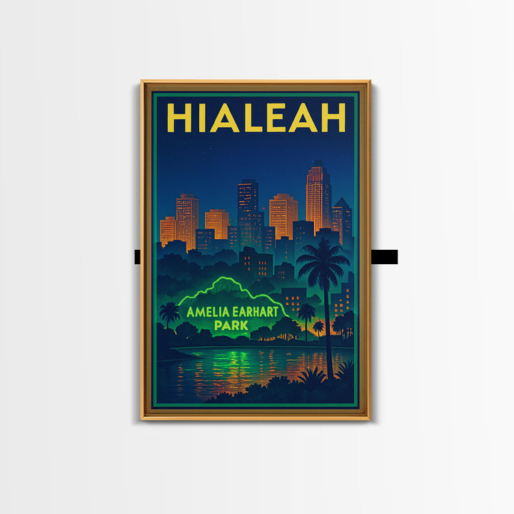 Hialeah Travel Poster, Canvas Print, Retro Neon Travel Art, Hialeah Wall Art, Wall Art, Watercolor Urban Skyline, Travel Art Print
