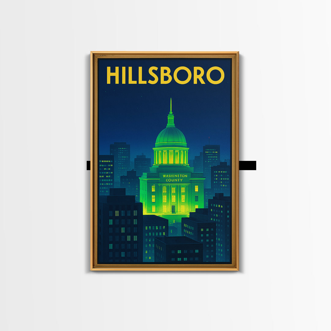 Hillsboro Travel Poster, Framed Canvas Print, Cyberpunk Style City Art, Hillsboro Travel Art, Vintage Travel Art, Fine Art Print