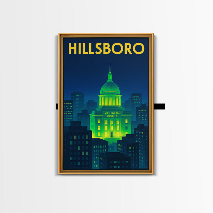 Hillsboro Travel Poster, Framed Canvas Print, Cyberpunk Style City Art, Hillsboro Travel Art, Vintage Travel Art, Fine Art Print