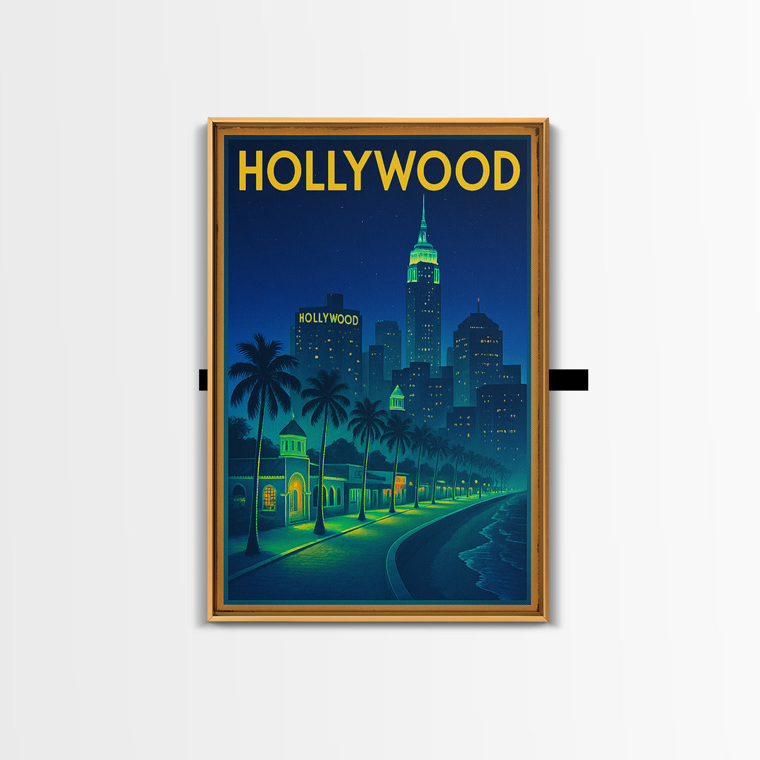 Hollywood Travel Poster, Canvas Print, Retro Neon Travel Art, Hollywood City Art, Travel Wall Art, Travel Wall Decor, City Art Print