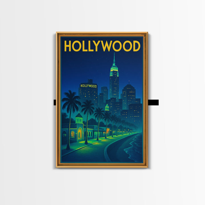 Hollywood Travel Poster, Canvas Print, Retro Neon Travel Art, Hollywood City Art, Travel Wall Art, Travel Wall Decor, City Art Print