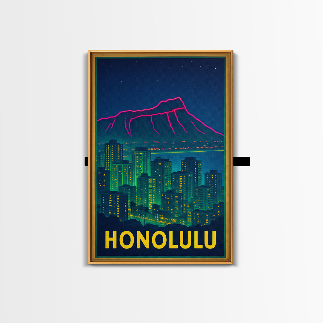 Honolulu Hawaii Travel Poster, Framed Canvas Print, Retro Neon Travel Art, Honolulu City Art, Living Room Wall Art, City Illustration