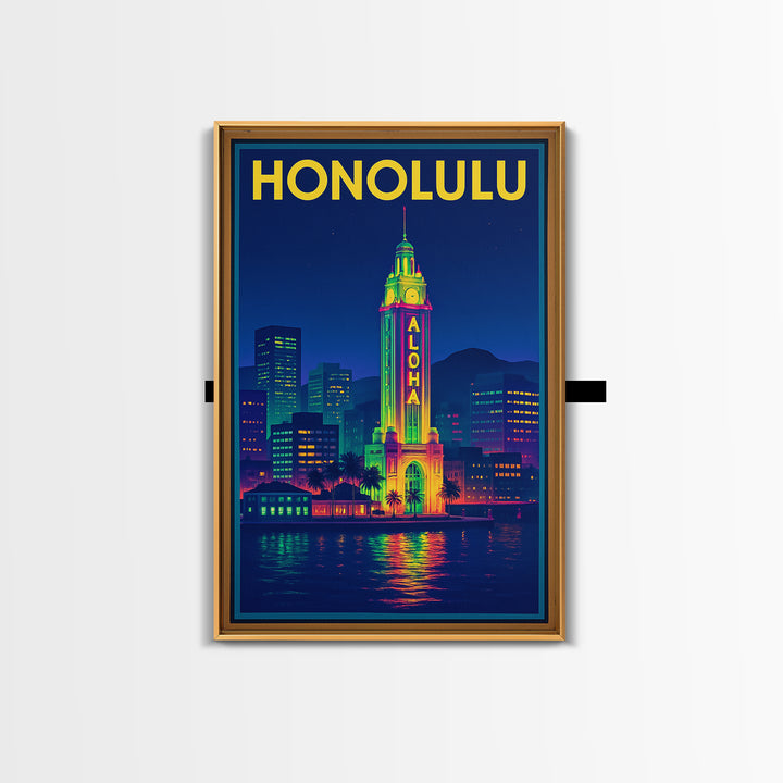 Honolulu Travel Poster, Framed Canvas Print, Neon Cityscape Wall Art, Honolulu Wall Art, City Illustration, Vintage City Art, Art Print