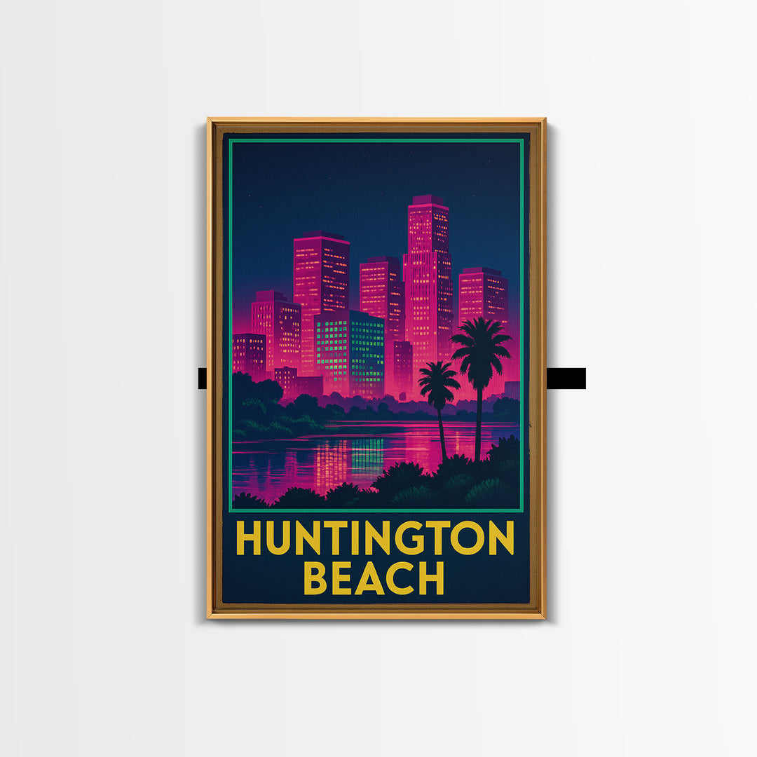 Huntington Beach California Travel Poster, Canvas Print, Electric Night Poster Art, Huntington Beach Travel Art, Office Decor