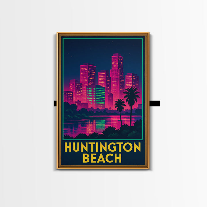 Huntington Beach California Travel Poster, Canvas Print, Electric Night Poster Art, Huntington Beach Travel Art, Office Decor
