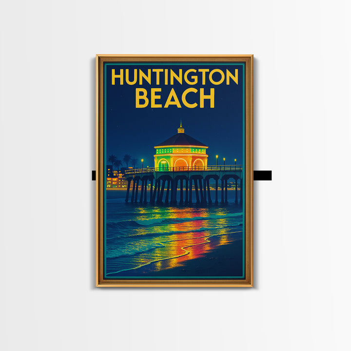 Huntington Beach Travel Poster, Framed Canvas Print, Neon City Skyline Wall Art, Huntington Beach Art Print, Vintage City Poster, Design 2
