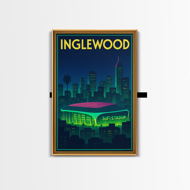 Inglewood Travel Poster, Framed Canvas Print, Cyberpunk Style City Art, Inglewood Travel Art, Vintage City Poster, Vintage Travel Art