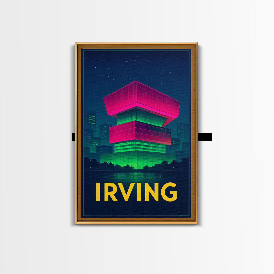 Irving Texas Travel Poster, Framed Canvas Print, Cyberpunk Style City Art, Irving Poster Print, Watercolor Skyline Art, Travel Art Print